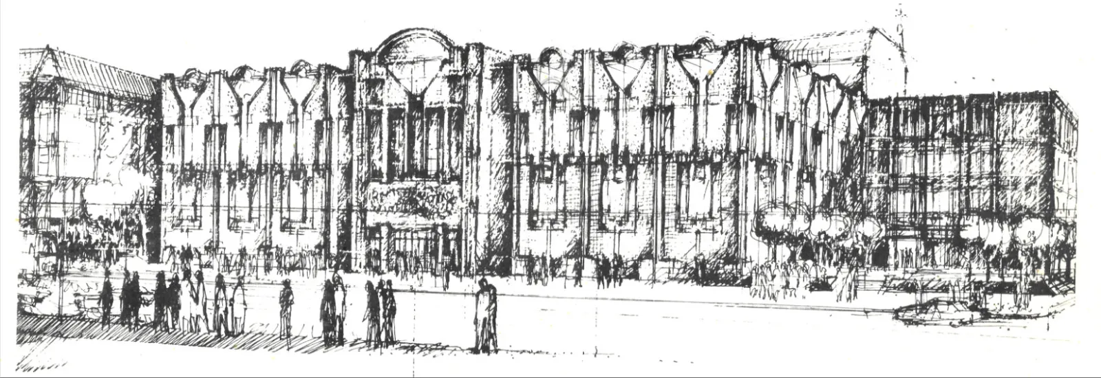 Die Zeichnung des ursprünglichen Entwurfs von Manfred Prasser zeigt noch seine stilisierten Tänzerinnen. Gebaut wurde die abgewandelte Fassade von Dieter Bankert.