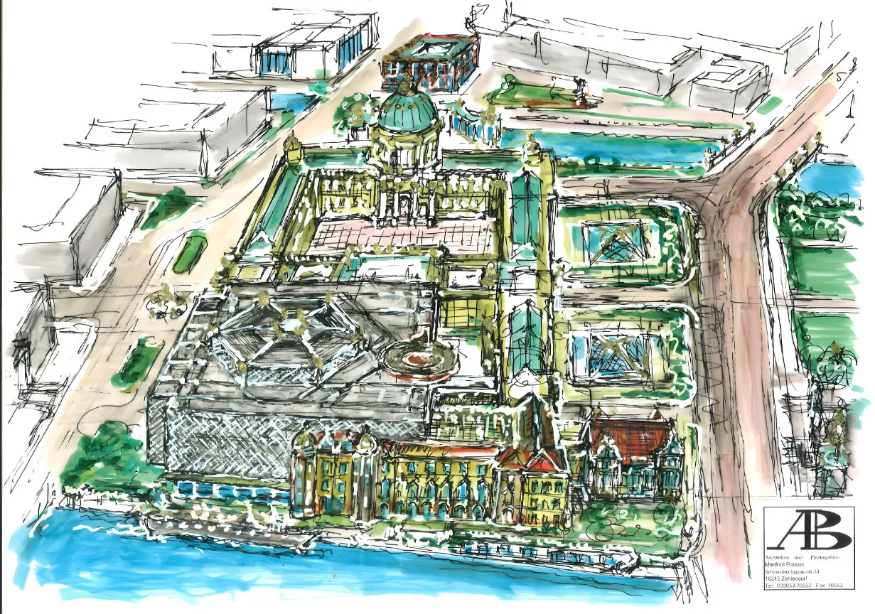 So stellte sich Prasser die Verschmelzung von Berliner Stadtschloss und seinem Saal zum Humboldtforum mit Kongresszentrum für 5.000 Teilnehmer vor. Leider fand er kein Gehör bei den Regierenden. (Zeichnung: Prasser)